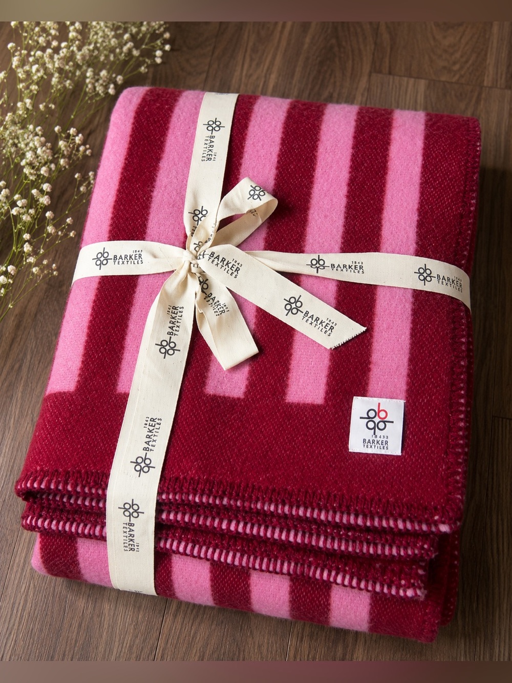 Barker Textiles 100% Wool Blanket Throw Pink Burgundy Striped Luxury